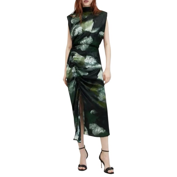 All Saints Isa Appalachian Abstract Green Silk Blend Sheath Midi Dress sz 4 - Picture 2 of 16